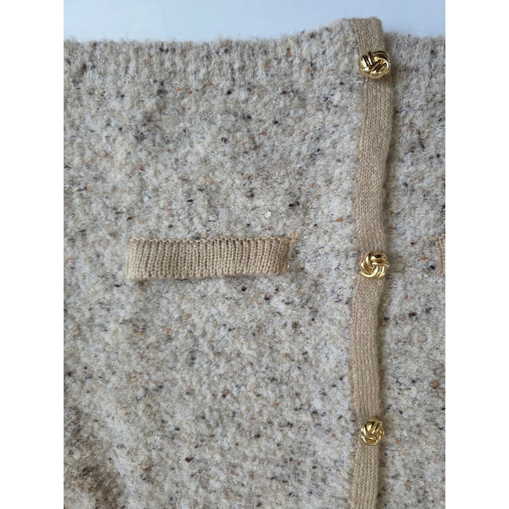 Greige Cardigan Large Oatmeal Boucle Gold Button Crew Neck Wool Bld Classic Core - Picture 5 of 9